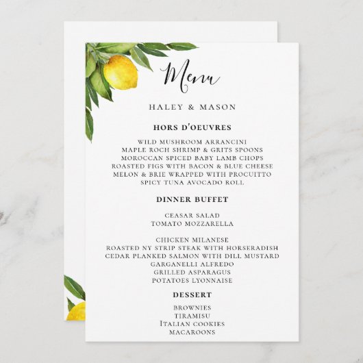 Chique Typografie Rustieke Waterverf Lemon Menu (Voorkant / Achterkant)