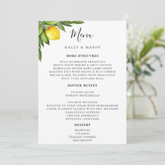 Chique Typografie Rustieke Waterverf Lemon Menu (Staand voorkant)