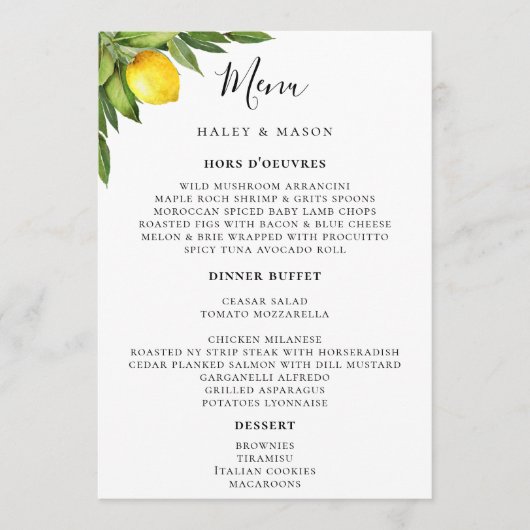 Chique Typografie Rustieke Waterverf Lemon Menu (Voorkant)