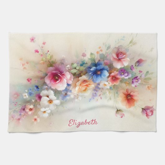 Chique typografie script naam waterverf bloemen theedoek (Horizontaal)