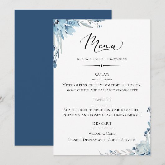 Chique Typografie Stoffig Blauw Bloemen Bruiloft Menu (Voorkant / Achterkant)