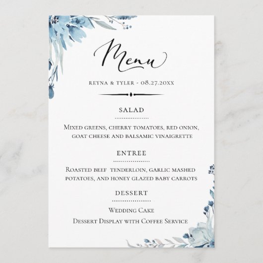 Chique Typografie Stoffig Blauw Bloemen Bruiloft Menu (Voorkant)