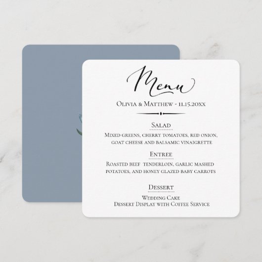 Chique Typografie Stoffig Blauw Bruiloft Menu (Voorkant / Achterkant)