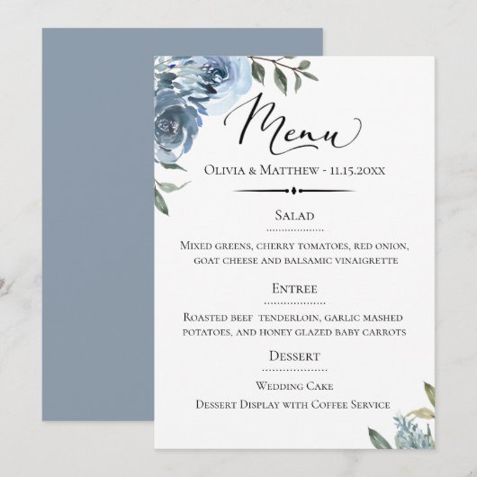 Chique typografie stoffig blauwe botanische bruilo menu (Voorkant / Achterkant)