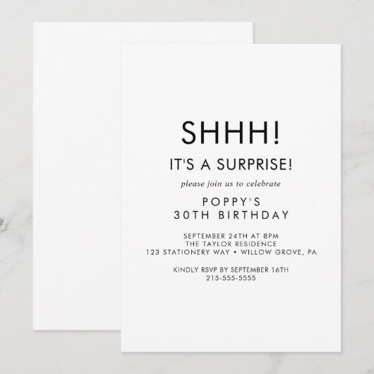 Chique typografie verrassingsfeest uitnodiging (Voorkant / Achterkant)