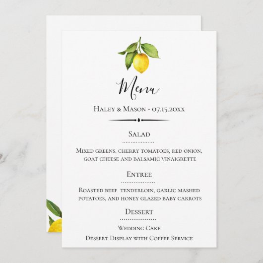 Chique Typografie Waterverf Lemon Bruiloft Menu (Voorkant / Achterkant)