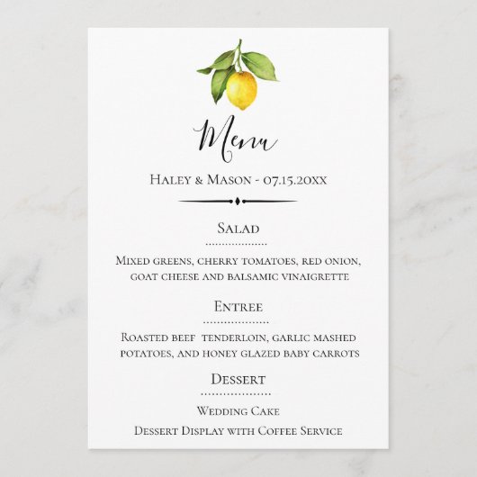 Chique Typografie Waterverf Lemon Bruiloft Menu (Voorkant)