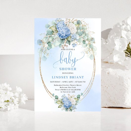 Chique uitnodiging voor babyfeest Blauwe Hydrangea