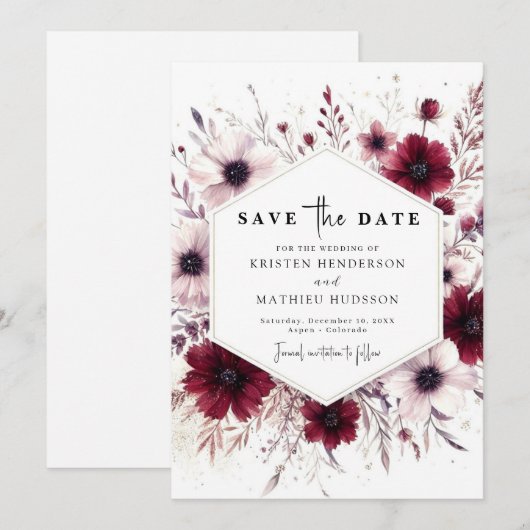 Chique unieke Bourgondische bruiloft Save The Date (Voorkant / Achterkant)