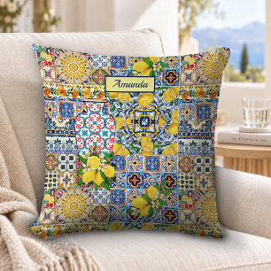 Chique vaas mediterraan oranje tegels monogram kussen
