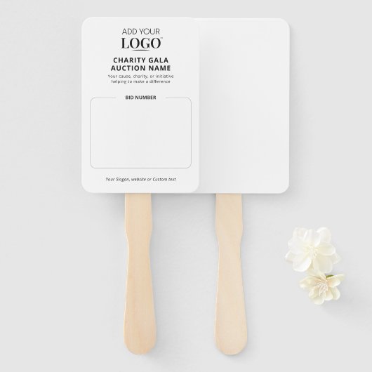 chique veilingpeddel | Biednummer Modern Charity Handwaaier (Voorkant en achterkant)