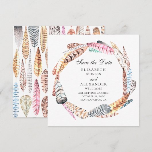 Chique veren krans. Boho trouwkaart save the date Kaart (Voorkant / Achterkant)