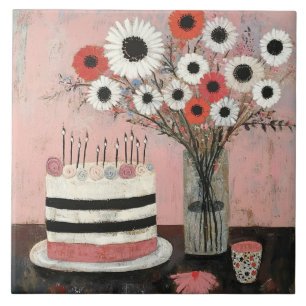 Chique verjaardagstaart en Gerbera-bloemen Tegeltje
