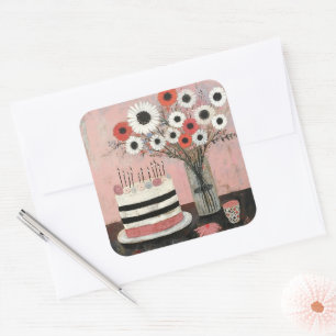 Chique verjaardagstaart en Gerbera-bloemen Vierkante Sticker