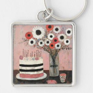 Chique verjaardagstaart en Gerbera-bloesems Sleutelhanger