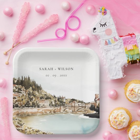 Chique Verona Adige River Italië Waterverf Bruilof Papieren Bordje (Feest)