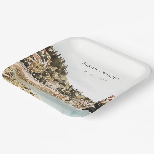 Chique Verona Adige River Italië Waterverf Bruilof Papieren Bordje (Gebogen)