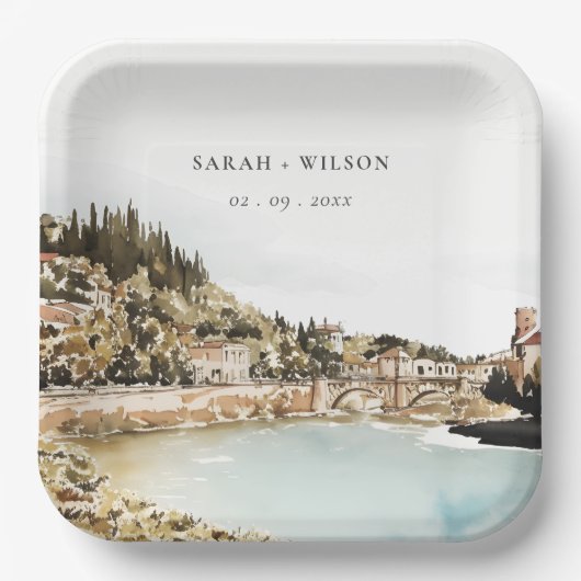 Chique Verona Adige River Italië Waterverf Bruilof Papieren Bordje (Voorkant)