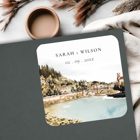 Chique Verona Adige River Italië Waterverf Bruilof Vierkante Sticker