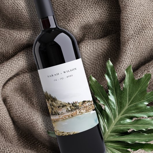 Chique Verona Adige River Italië Waterverf Bruilof Wijn Etiket