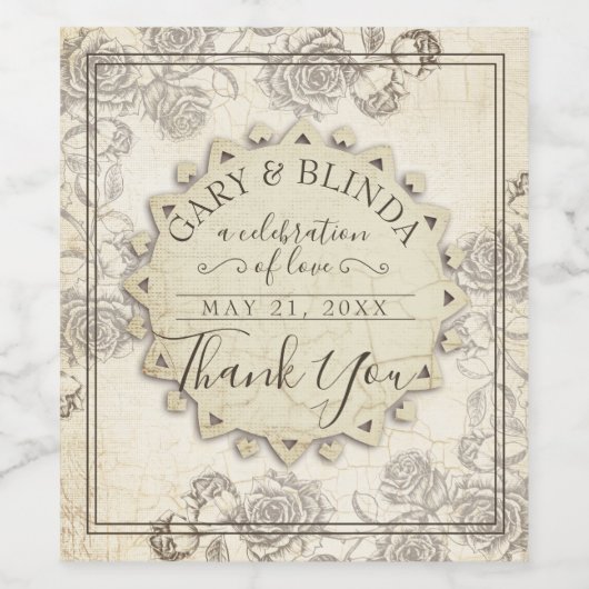 Chique verouderde papieren rozen trouwgunst wijnfl wijn etiket (Enkel label)