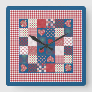 Chique vierkante wandklok, faux-patchwork, Gingham Klok