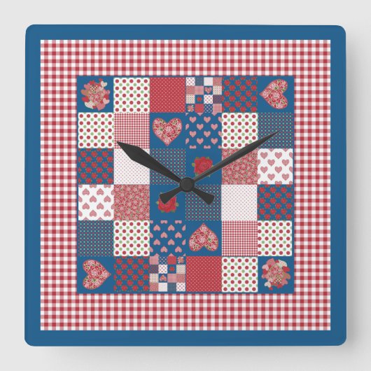 Chique vierkante wandklok, faux-patchwork, Gingham Vierkante Klok (Voorkant)