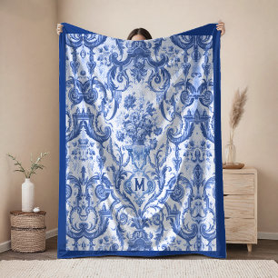 Chique Vintage Blauwe Toile De Jouy Monogram Fleece Deken