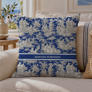 Chique vintage donkerblauwe toile de jouy bedrukt  kussen
