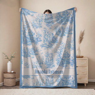 Chique vintage lichtblauwe toile de jouy monogram fleece deken