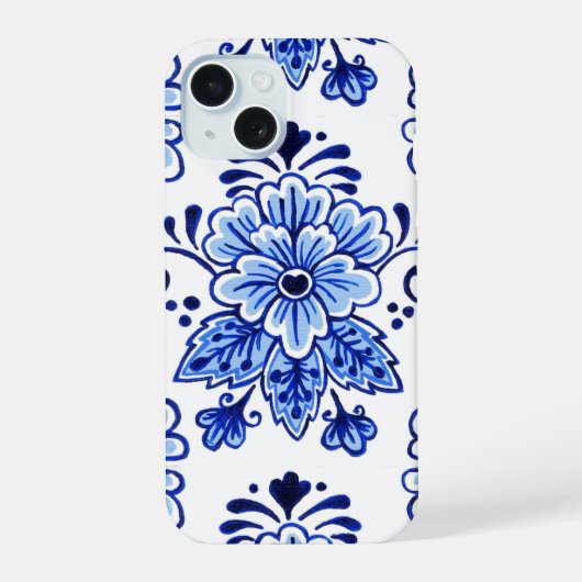 Chique Vintage Nederlandse Delft Blauwe Bloemmotie iPhone 15 Case (Achterkant)