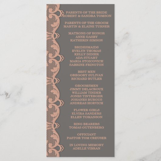 Chique vintage perzikgrijze kanten trouwprogramma programmakaart (Achterkant)