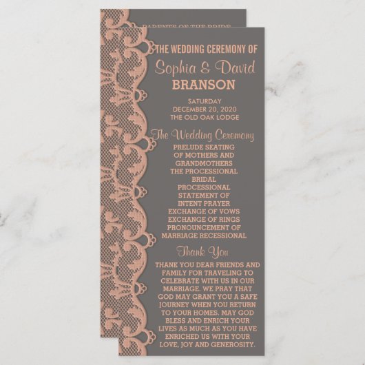 Chique vintage perzikgrijze kanten trouwprogramma programmakaart (Voorkant / Achterkant)