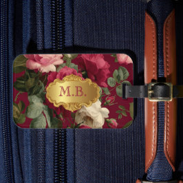 Chique Vintage Rode Roos Bloem Motief Met Initiaal Bagagelabel