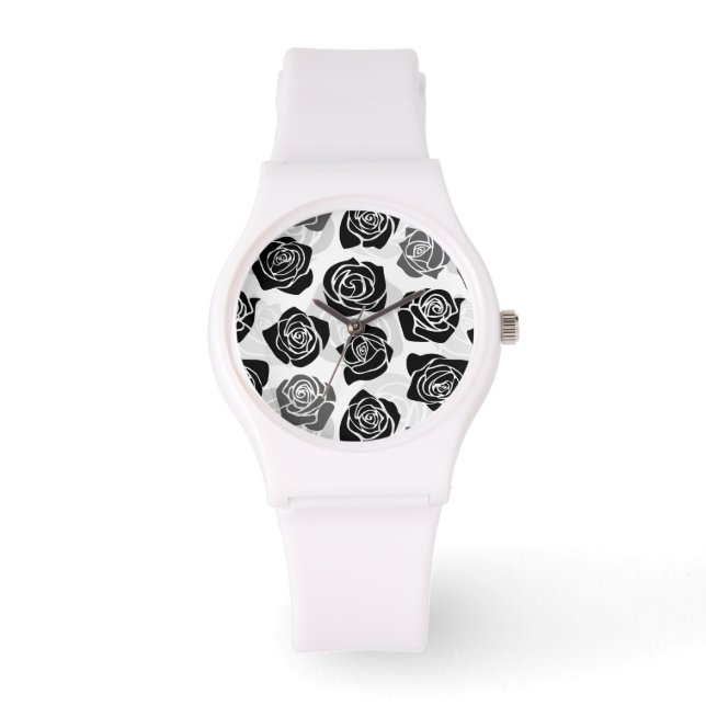 Chique vintage zwarte en witte rozen horloge (Voorkant)