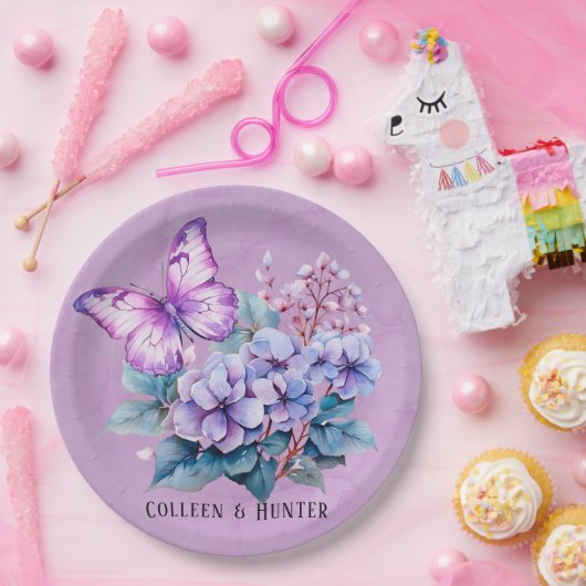 Chique Violet Hydrangea Bloemen en Vlinder Bruilof Papieren Bordje (Feest)