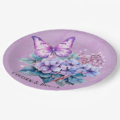 Chique Violet Hydrangea Bloemen en Vlinder Bruilof Papieren Bordje (Gekanteld)