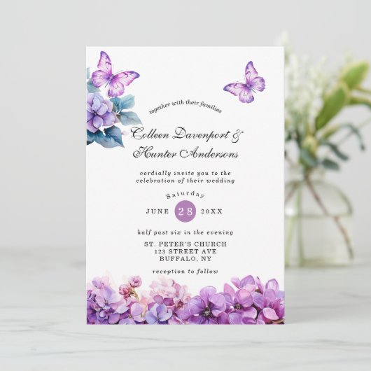 Chique Violet Hydrangea Vlinder bruiloft uitnodigi Kaart (Staand voorkant)