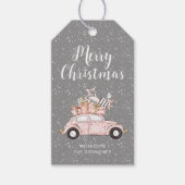 Chique vrolijke kerst roze auto grijs vakantie cadeaulabel (Voorkant)