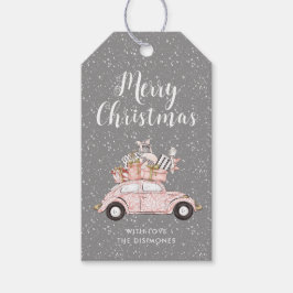 Chique vrolijke kerst roze auto grijs vakantie cadeaulabel