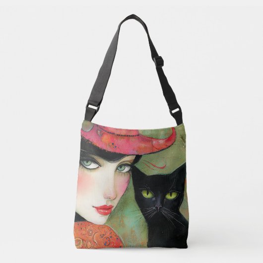 Chique vrouw en zwarte kat crossbody tas (Voorkant)