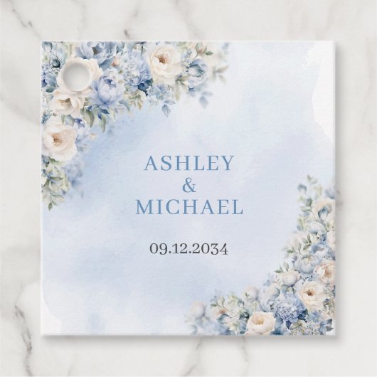 Chique waterverf blauw bloempje eucalyptus groen bedankjes labels (Voorkant)