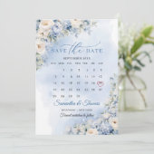 Chique waterverf blauw bloempje eucalyptus kalende save the date (Staand voorkant)