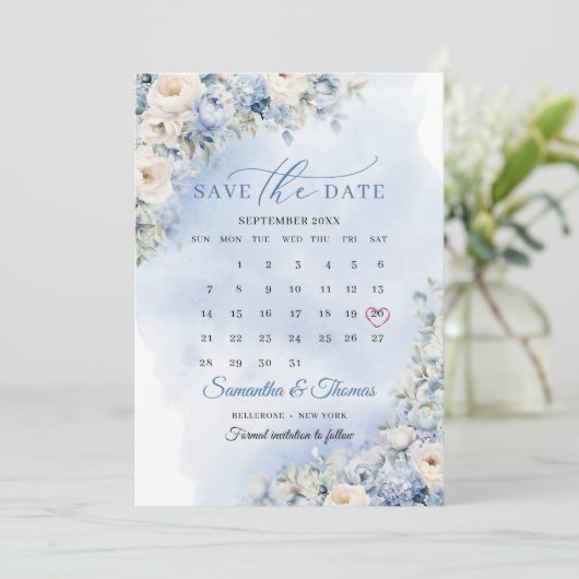 Chique waterverf blauw bloempje eucalyptus kalende save the date (Staand voorkant)