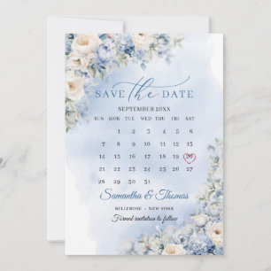 Chique waterverf blauw bloempje eucalyptus kalende save the date