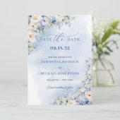 Chique waterverf blauw en beige pioenen rozen save the date (Staand voorkant)