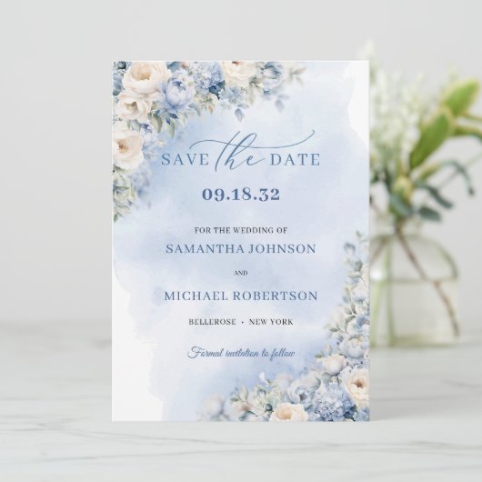 Chique waterverf blauw en beige pioenen rozen save the date (Staand voorkant)