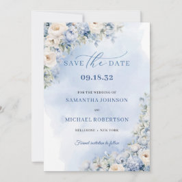 Chique waterverf blauw en beige pioenen rozen save the date