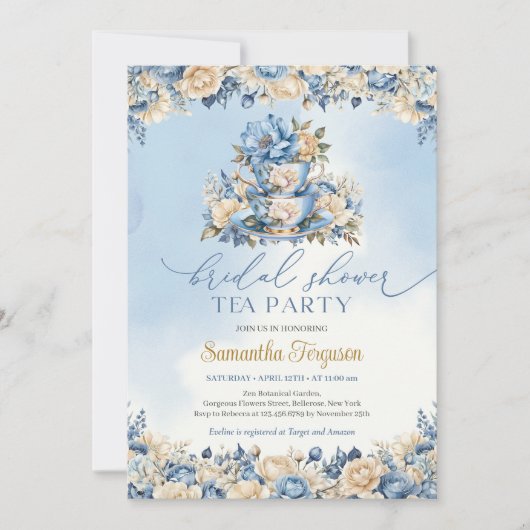 Chique waterverf blauw en ivoor bloementheefeest kaart (Voorkant)