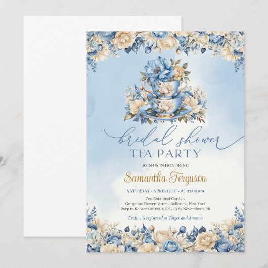 Chique waterverf blauw en ivoor bloementheefeest kaart (Voorkant / Achterkant)